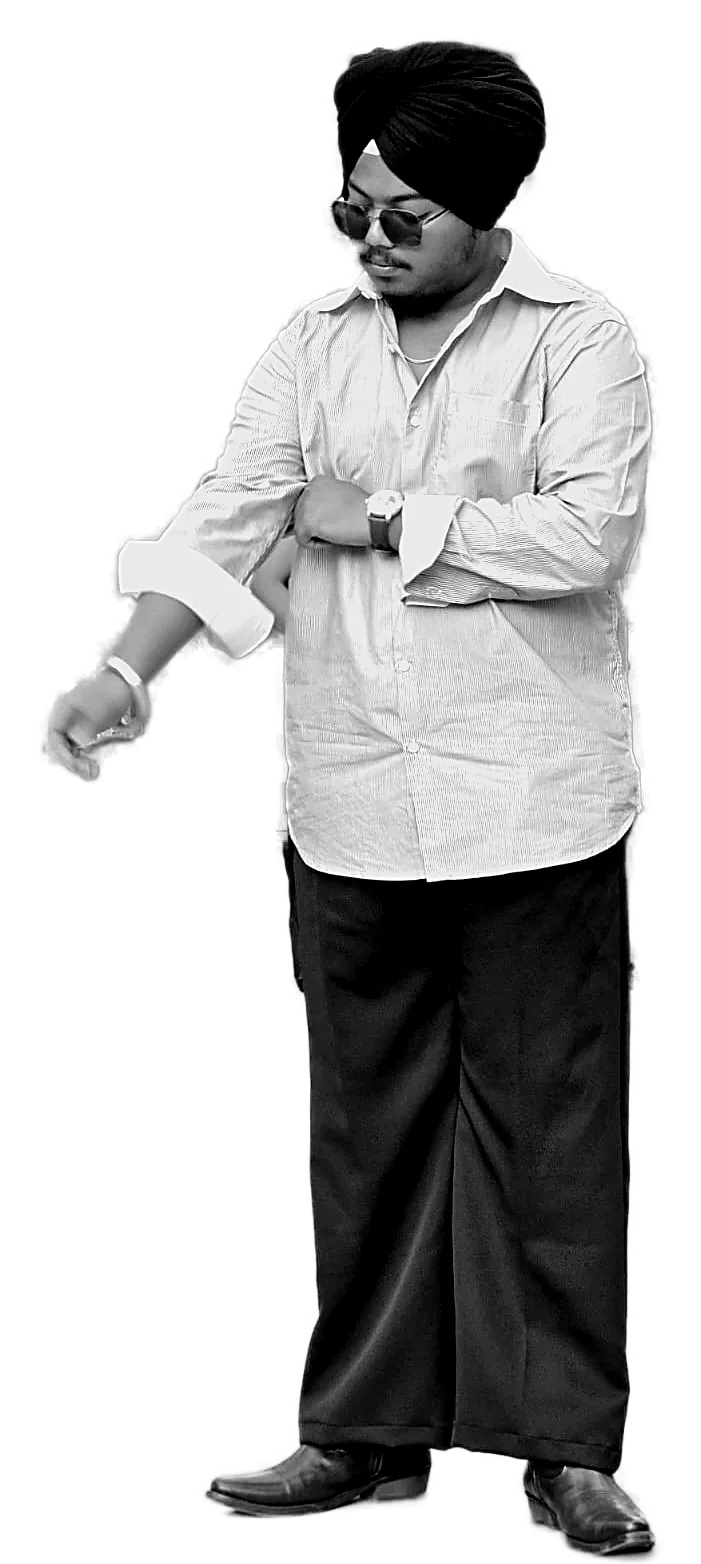 Gagandeep Singh Sandhu in a striped white shirt, black turban and sunglasses, checking his watch